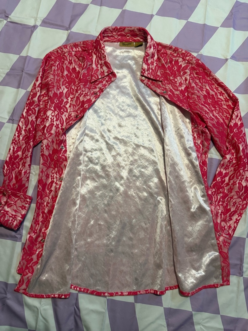 Wrangler Western Pink Lace Metallic Snap Front Shirt - Large - Y2K Glam - Picture 6 of 12